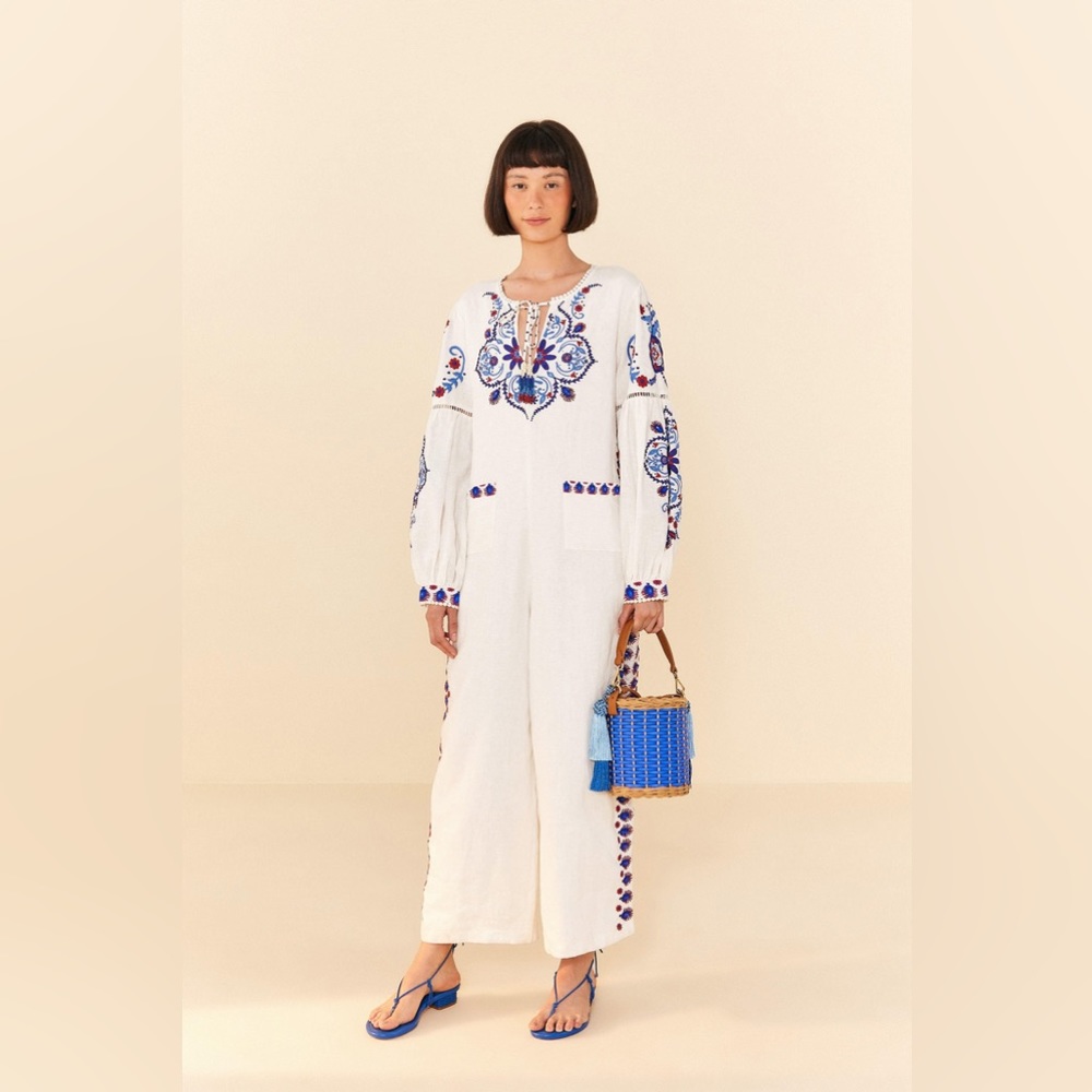 NWT $365 FARM Rio Linen Embroidered Long Sleeve Jumpsuit Sz M